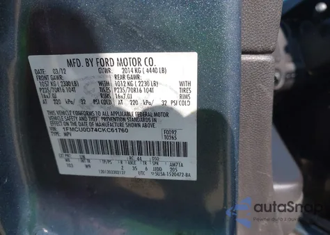 2012 Ford Escape Xlt z USA, uszkodzony, nr VIN 1FMCU0D74CKC61760